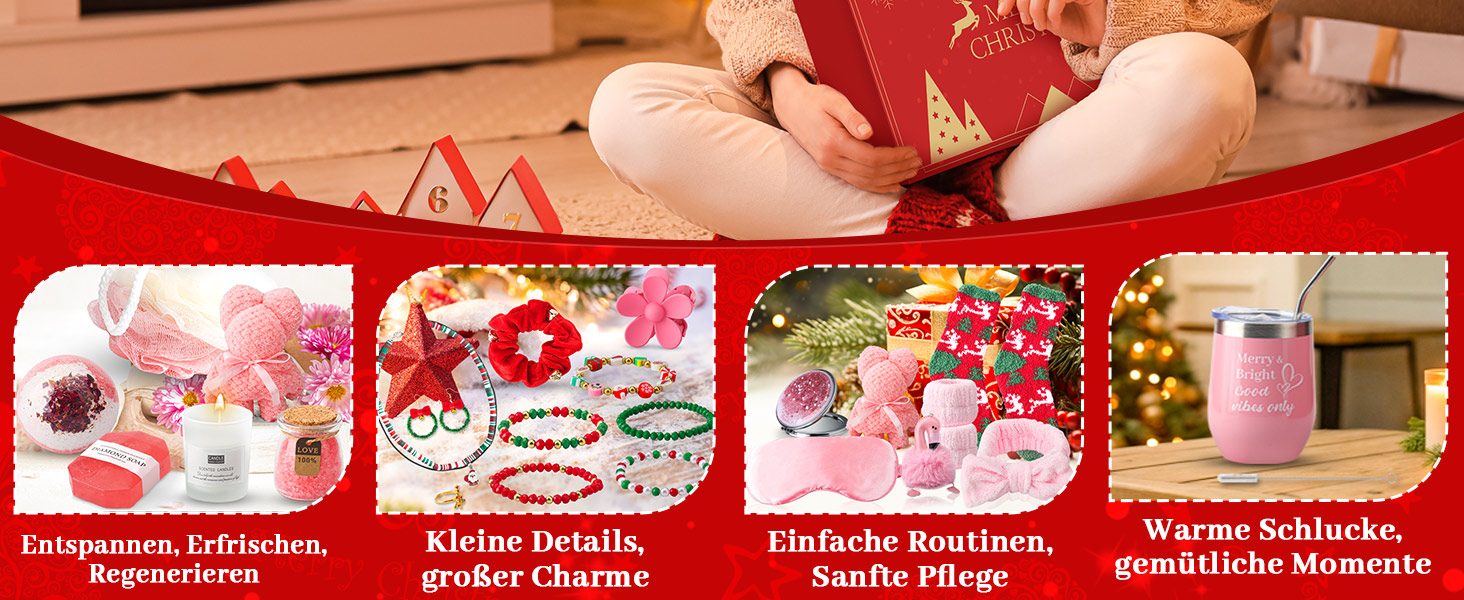 Banner rosso con più pannelli quadrati che mostrano icone relative alla cura della pelle o alla bellezza e testo in tedesco che descrive vari trattamenti e servizi di bellezza.