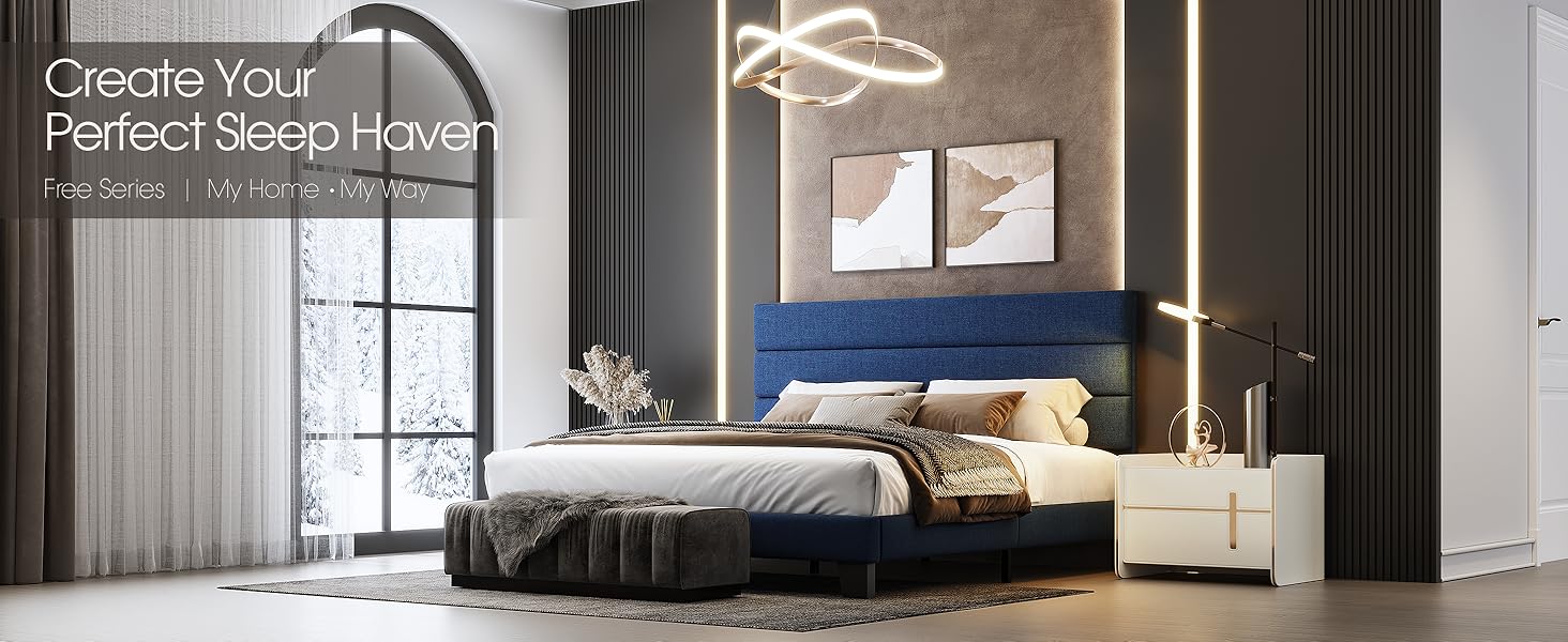 WEEWAY King Bed Frame Platform Bed with Linen Fabric