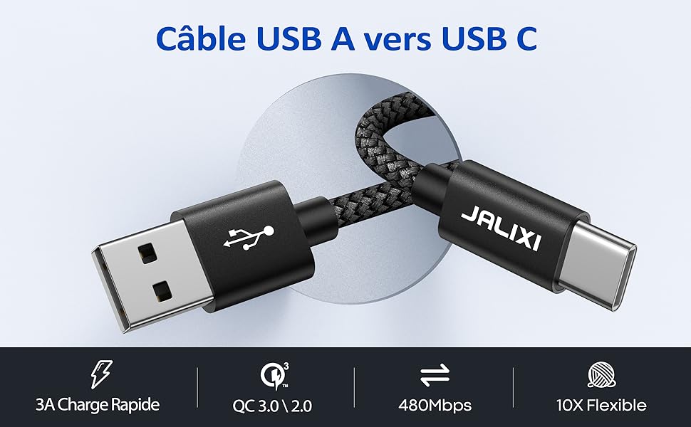 avec cordon noir tressé. Comprend une charge rapide, un QC 3.0, un transfert de données de 480 Mbps et une conception flexible