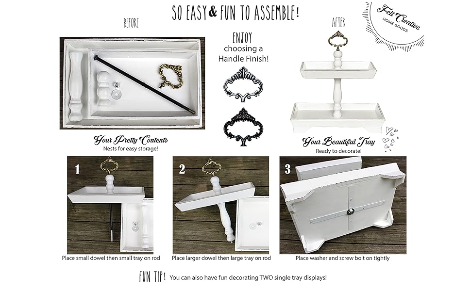 white rustic rectangle square tiered tray for farmhouse kitchen decor