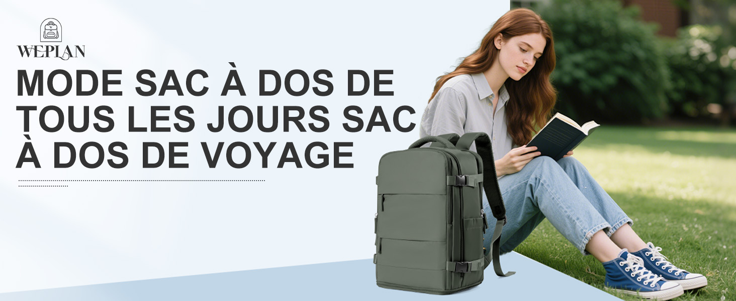 Le texte se lit comme suit : « MODE SAC À DOS DE TOUS LES JOURS SAC À DOS DE VOYAGE ». Montre un sac à dos vert olive avec une personne assise à l'extérieur sur l'herbe.