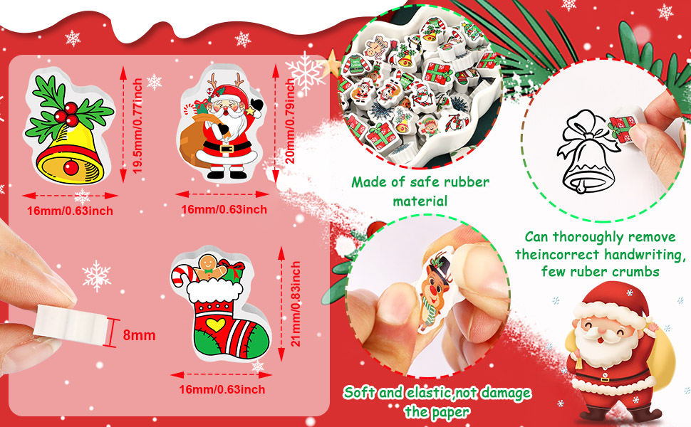 JUNEBRUSHS Christmas Mini Erasers, 65Pcs Cute Small Erasers