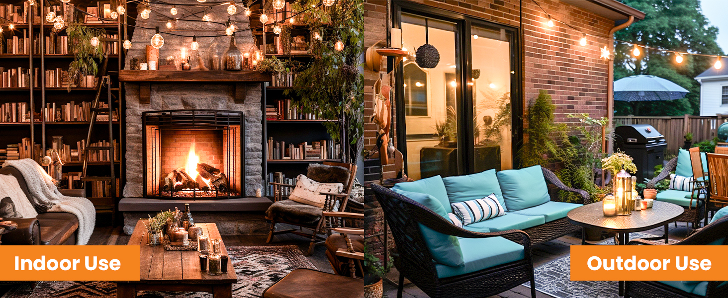 Split image comparing indoor and outdoor living spaces: cozy library with fireplace and bookshelves inside, patio seating with turquoise couch outside.