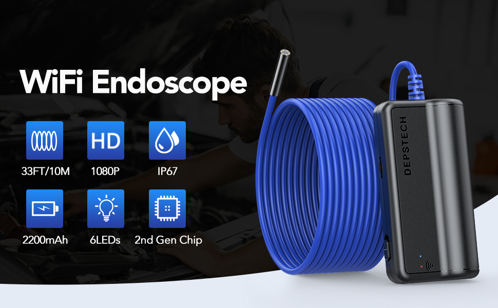 DEPSTECH 1080P Semirigid WiFi Endoscope 10M, Caméra HD 2,0 Mégapixels
