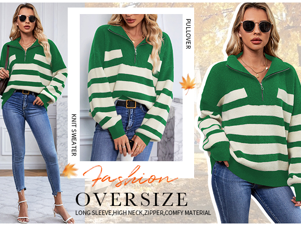 SuperPrity Womens Sweaters Oversized Striped Quarter Zip