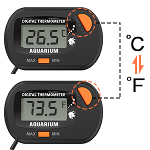 Digitales Aquariumthermometer mit LCD-Display, das Temperaturwerte sowohl in Celsius (26,5 °C) als auch in Fahrenheit (73,5 °F) anzeigt und