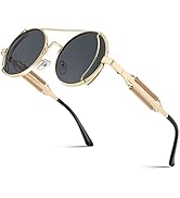 FEISEDY Sunglasses Mens Women Aviators Retro Steampunk Round Sunglasses Metal Frame Fishing Drivi...