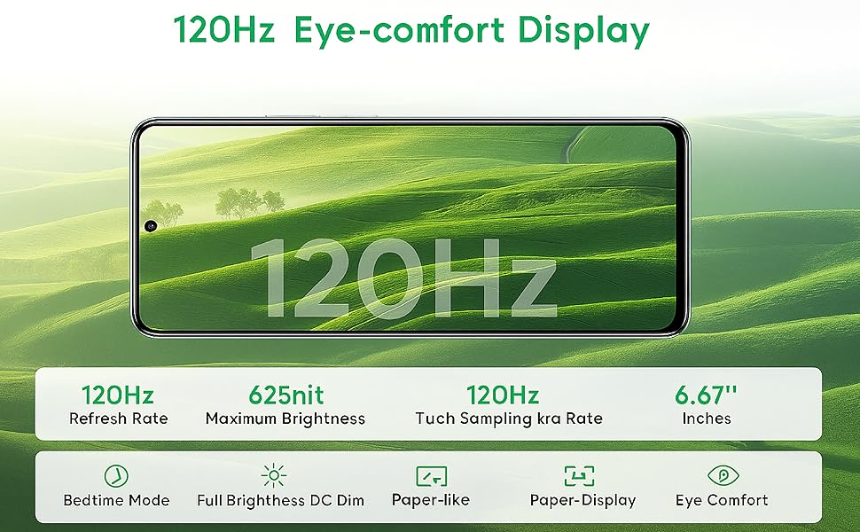 realme C73 5G display highlighting 120Hz eye-comfort panel, 6.67-inch size and 625 nits brightness