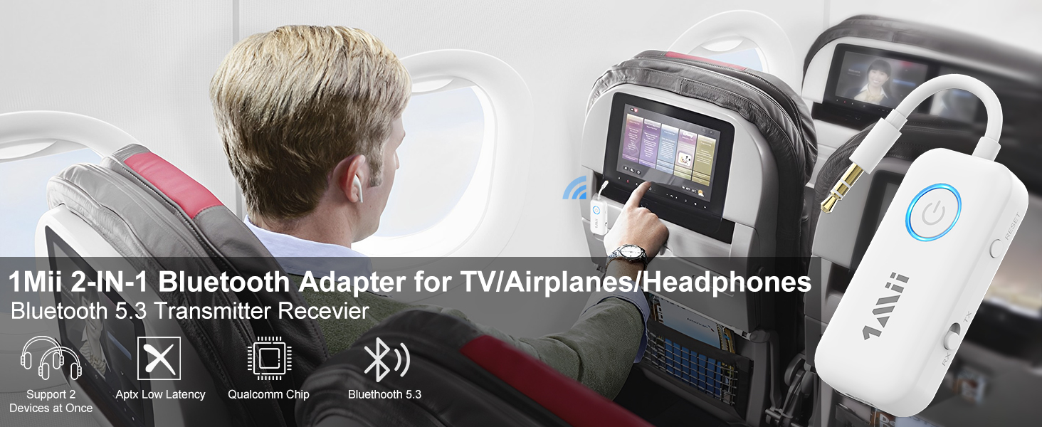 1Mii Bluetooth 5.3 Transmitter Receiver for Airplane/TV to