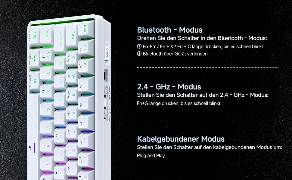 TMKB T68 Gaming Tastatur,60% Kabellos Mechanische RGB Tastatur mit Bluetooth/2.4G/Typ-C