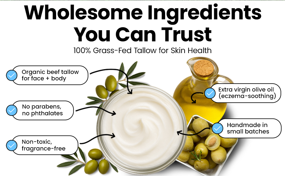 This Organic beef tallow and moisturising cream is handmade and contains extra virgin olive oil