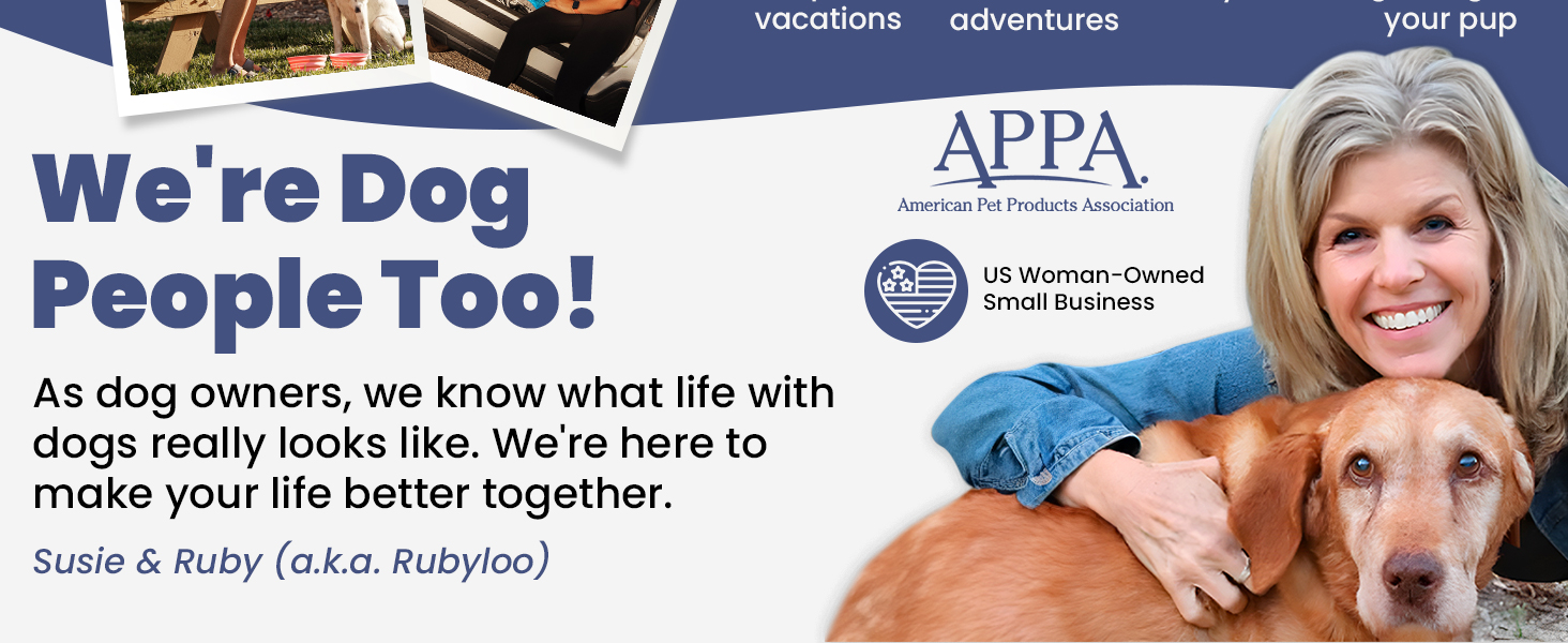 Smiling woman hugging her dog, representing a woman-owned brand for dog camping gear.