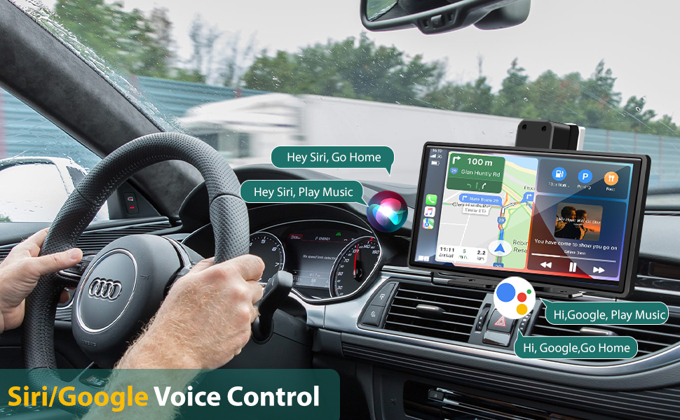 Car interior with steering wheel and dashboard. GPS navigation display mounted on dashboard, showing map and voice control options.