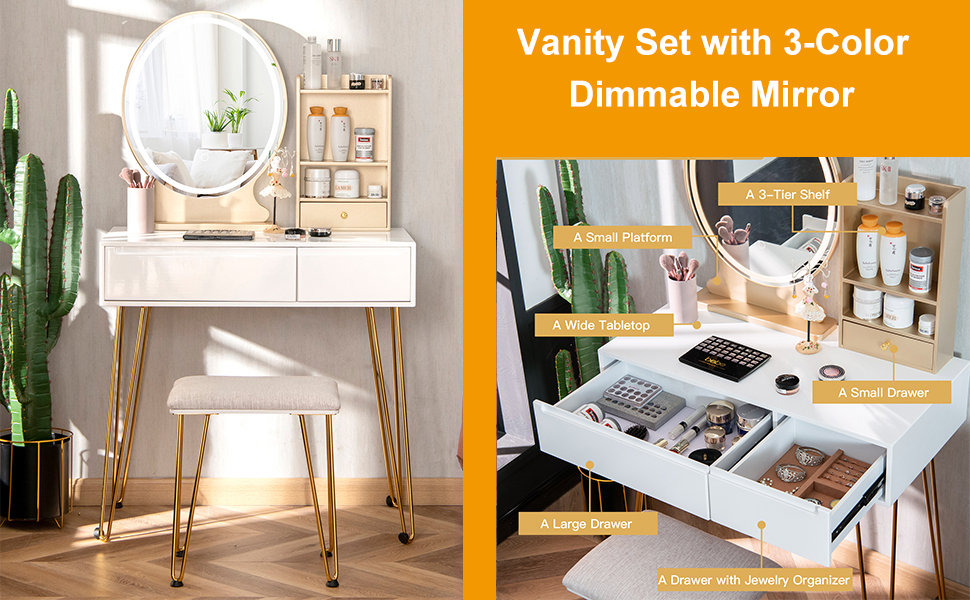 CHARMAID Makeup Vanity Table with Lighted Mirror, 3 Drawers