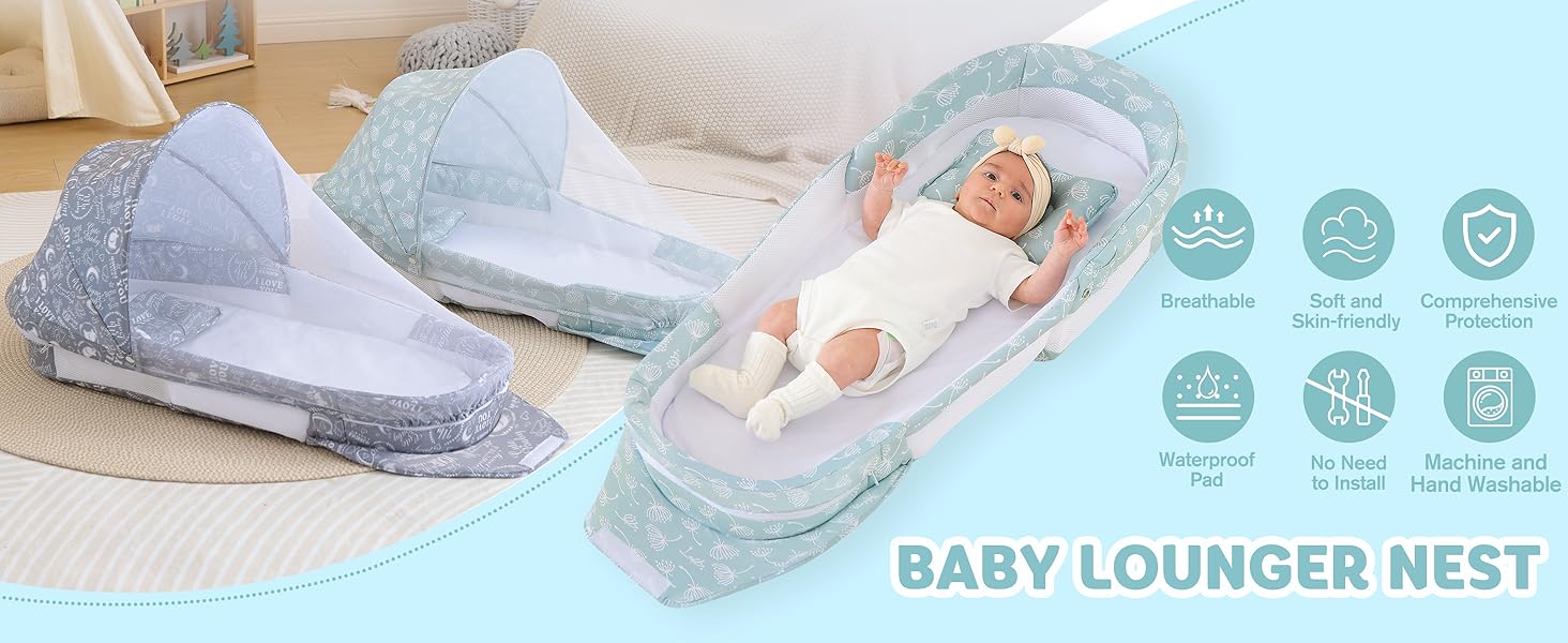 baby nest with mosquito net; breathable baby nest; portable baby nest baby lounge