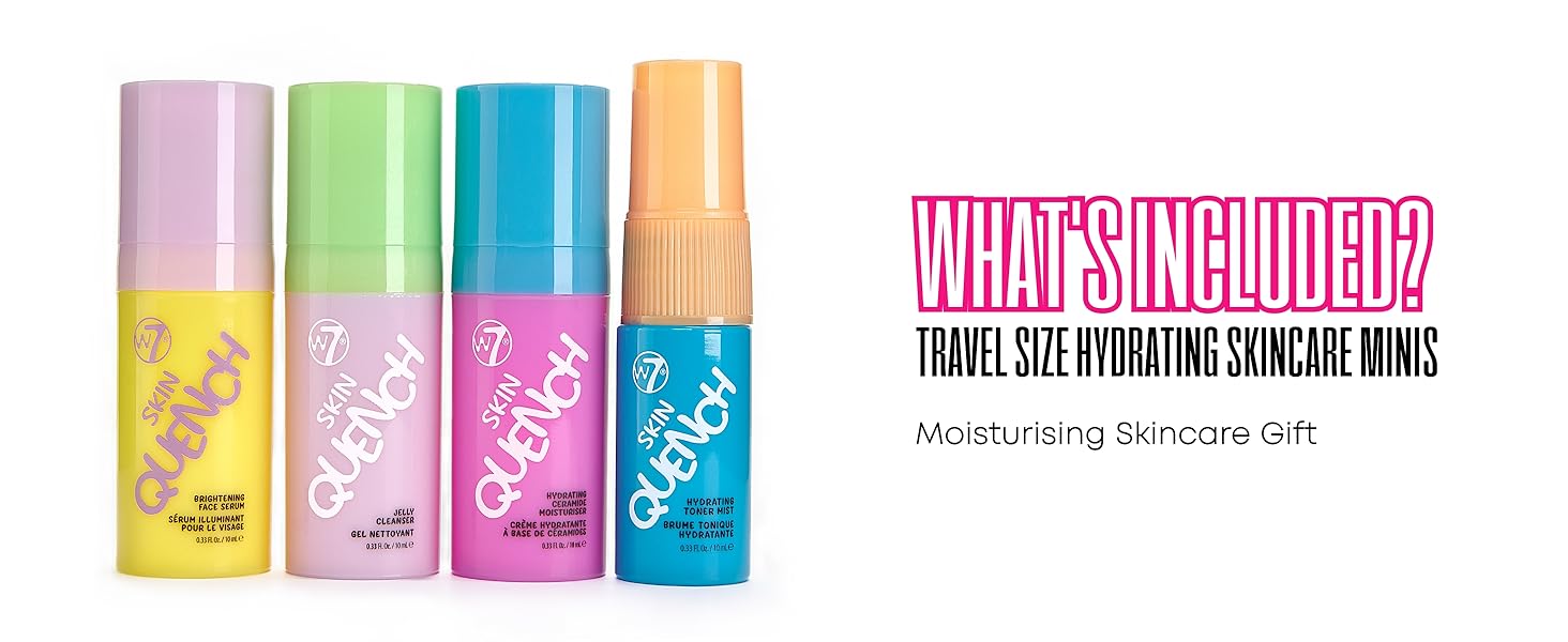Text reads: 'WHAT'S INCLUDED? TRAVEL SIZE HYDRATING SKINCARE ITEMS'. Image shows four colorful skincare product tubes in pink, green, blue, and orange.