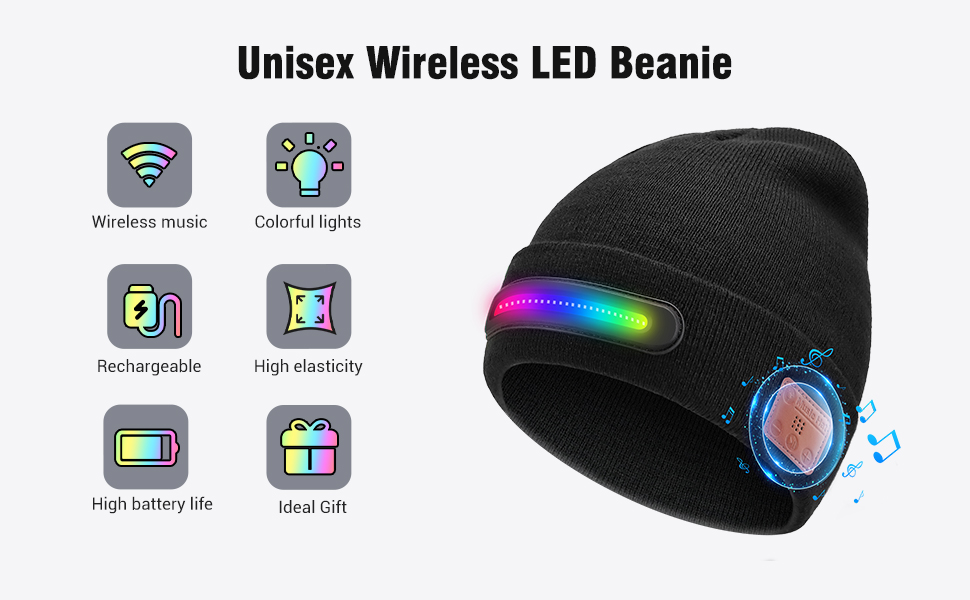 Unisex Wireless LED Beanie music Rechargeable High battery Colorful lights elasticity ldeal Gift