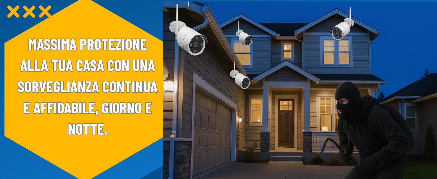 Il testo recita «SENSORES PROTECTORES DE LA TEVA CASA CON UNA SOBREVIGÈNCIA CONTINUA I AFFORDABLE, COMPRA'L AVUI». Casa moderna a due piani illuminata di notte con illuminazione di sicurezza.