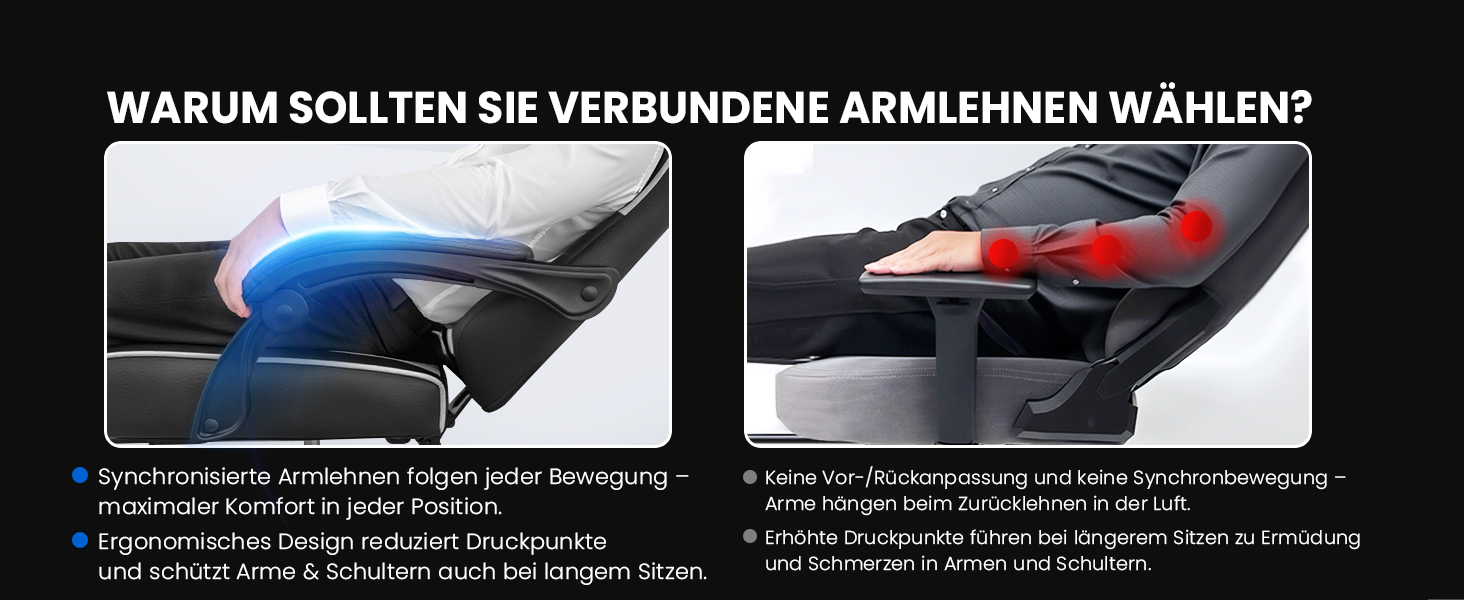 Der Text lautet „WARUM SOLLTEN SIE VERBUNDENE ARMLEHNEN WÄHLEN?“ Produktdemonstration, die in mehreren Positionen verstellbare Armlehnen vor dunklem Hintergrund mit blauer Beleuchtung zeigt.