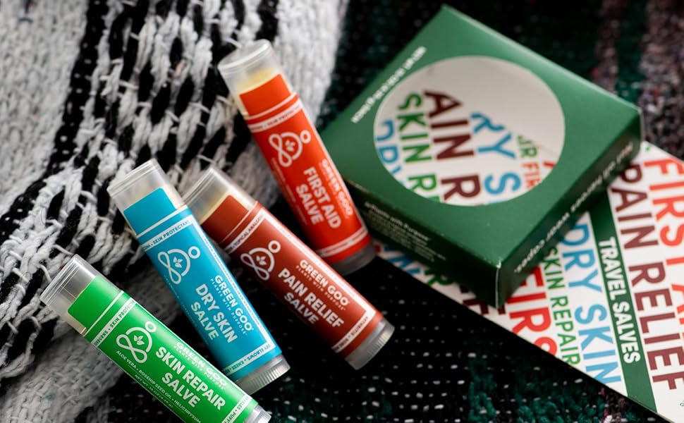 Green Goo's Essential Travel Salves include Dry Skin, First Aid, Pain Relief & Skin Repair salves