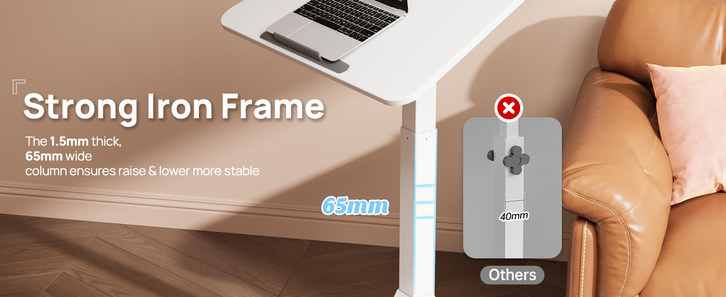 Close-up of the desk's base showing 360-degree swivel and lockable casters