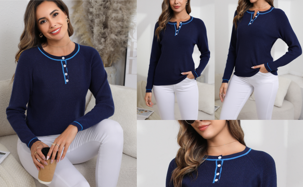 Enjyam Women Classic Crew Neck Jumpers with Button Colorblock Henley Neck Sweater for Autumn Winter