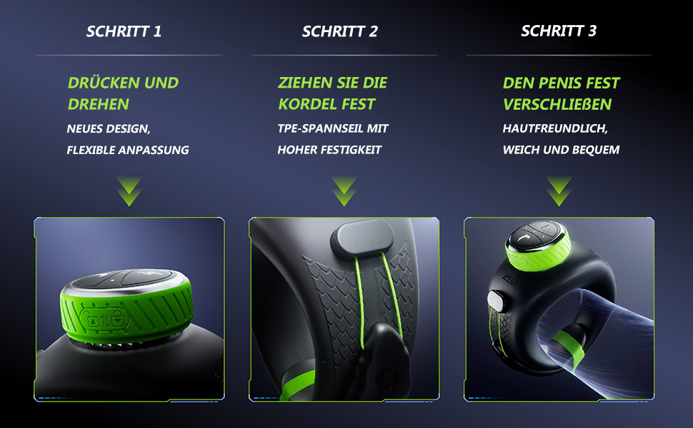 Dreistufige Anleitung zur Anpassung des grünen Gaming-Headsets mit deutschem Text und Richtungspfeilen.