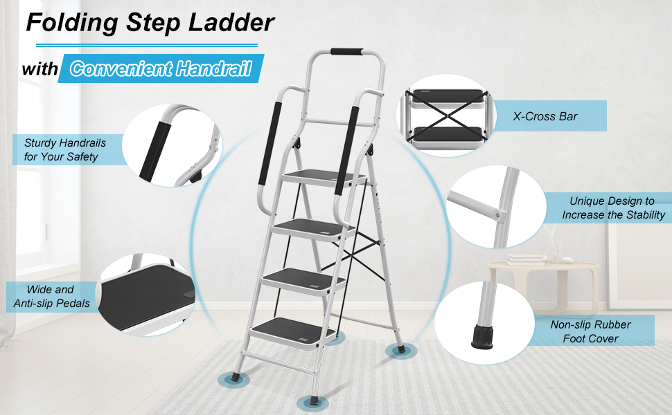 SPIEEK 4 Step Ladder with Handrails Folding Step Stool, NonSlip Wide