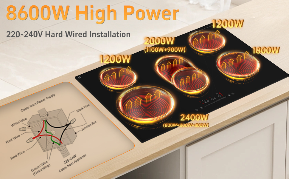 8600W high power 220V - 240V hardwired install design 30 inch electric cooktop