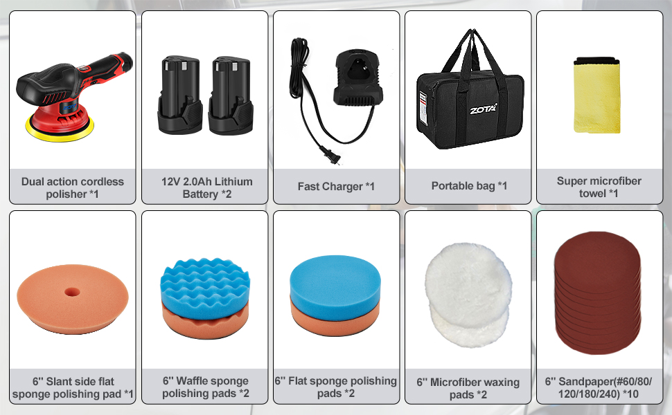 ZOTA Cordless Buffer Polisher for Car,6 inch 2pcs 12V/2.0Ah