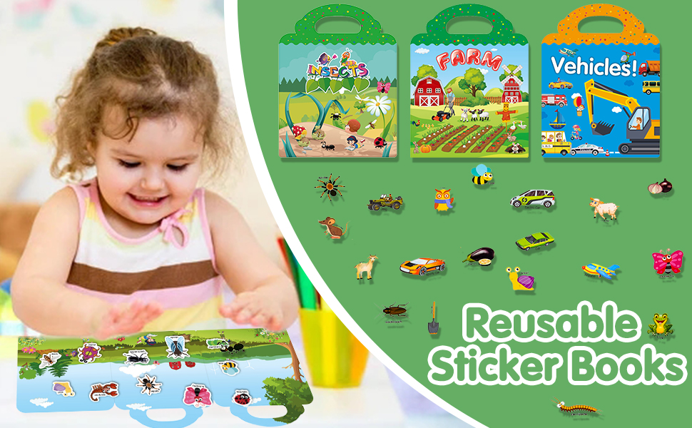 Reusable Sticker Books Toys for 2 3 4YearOld Boys Girls, Birthday Gifts 3 Pack Reusable Clear