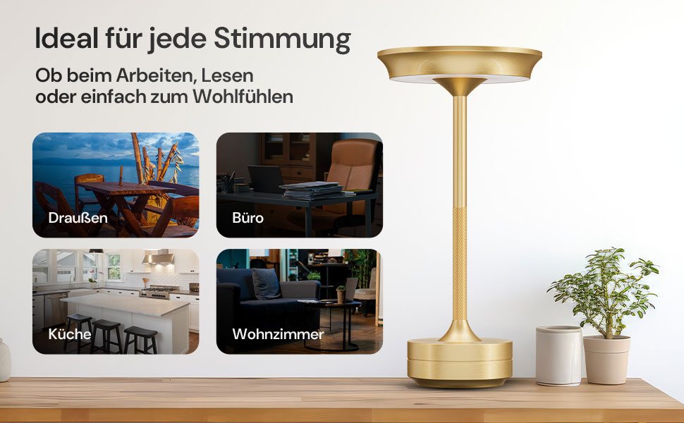 Goldfarbene Tischlampe, dargestellt in verschiedenen Einstellungen und Lichtverhältnissen, mit deutschem Text zur Lese- oder Wohnraumbeleuchtung.
