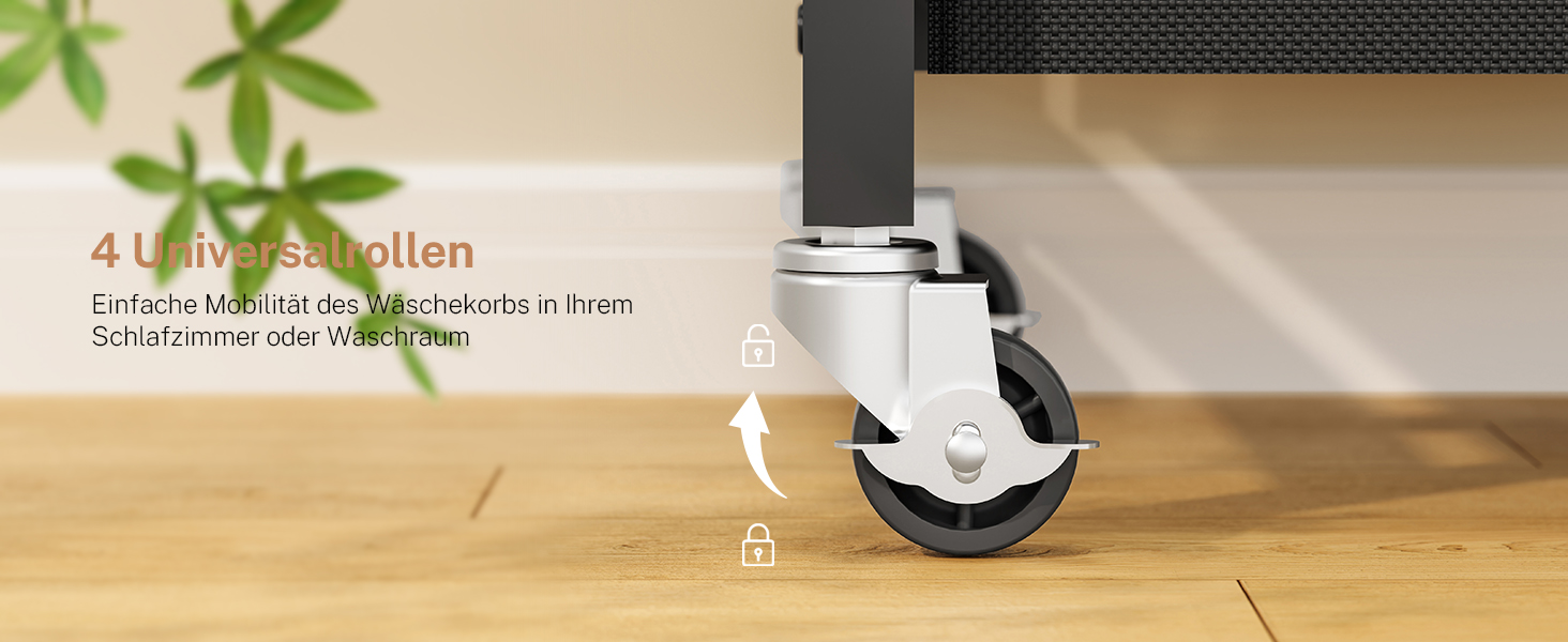 Nahaufnahme eines Möbelbeins mit Radlenkrolle und Bambus oder ähnlicher Pflanze im Topf, im Hintergrund sichtbar.