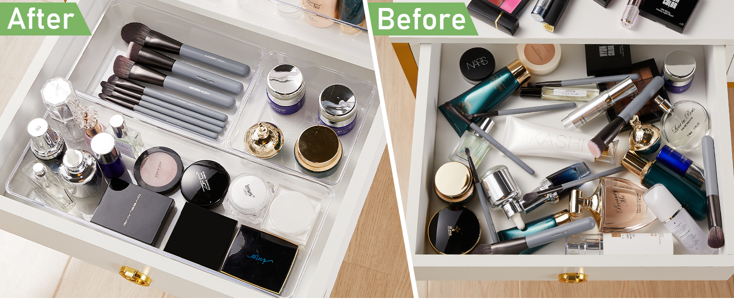 6 Pack Drawer Organizers, Plastic Clear Acrylic Non Slip