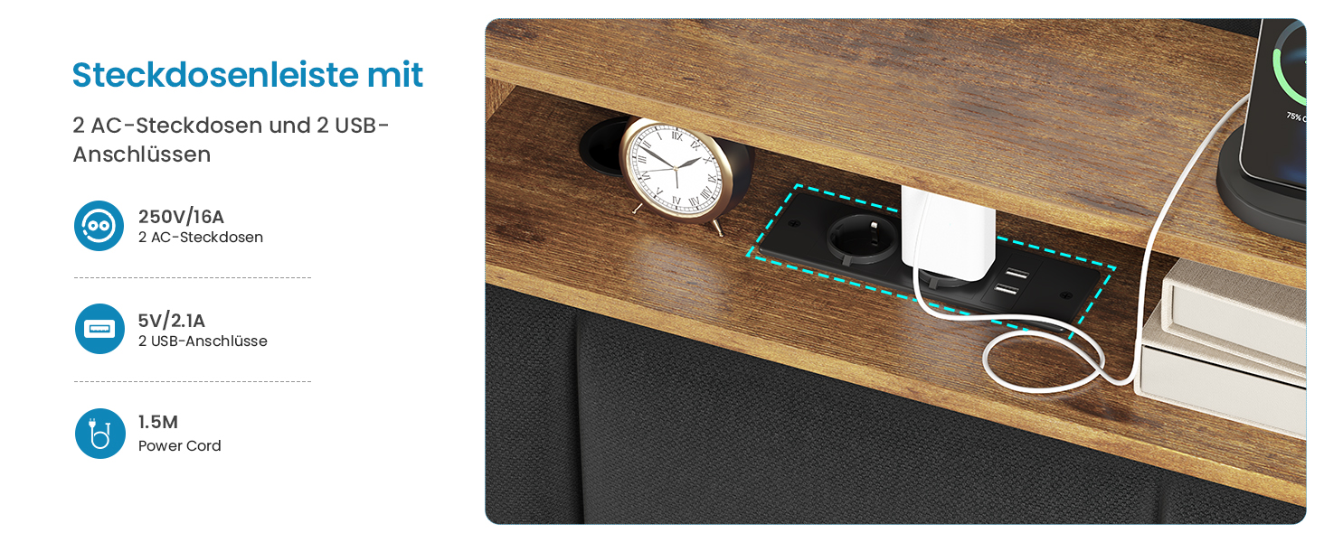 In die Tischkante aus Holz integrierte Steckdosenleiste mit 2 Wechselstromsteckdosen und 2 USB-Anschlüssen. Zeigt die angeschlossenen Geräte und eine kleine Uhr auf der Schreibtischoberfläche an.