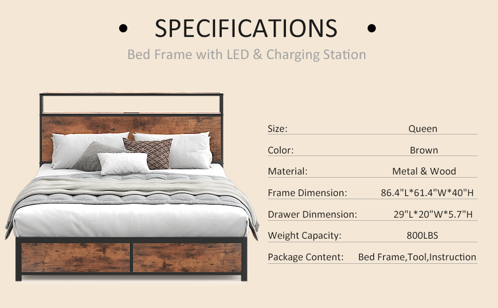 Lifezone Queen Bed Frame with 2Tier Storage Headboard