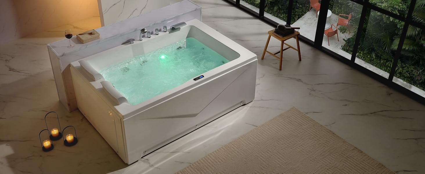 Empava 2 Person Heated Soaking Whirlpool Bathtub, 71” Jetted Tubs with 16 Jets(8 Water Jetted + 8 Air Bubble), Acrylic SPA Bath Tub, with LED control panel, Faucet and two white pillows