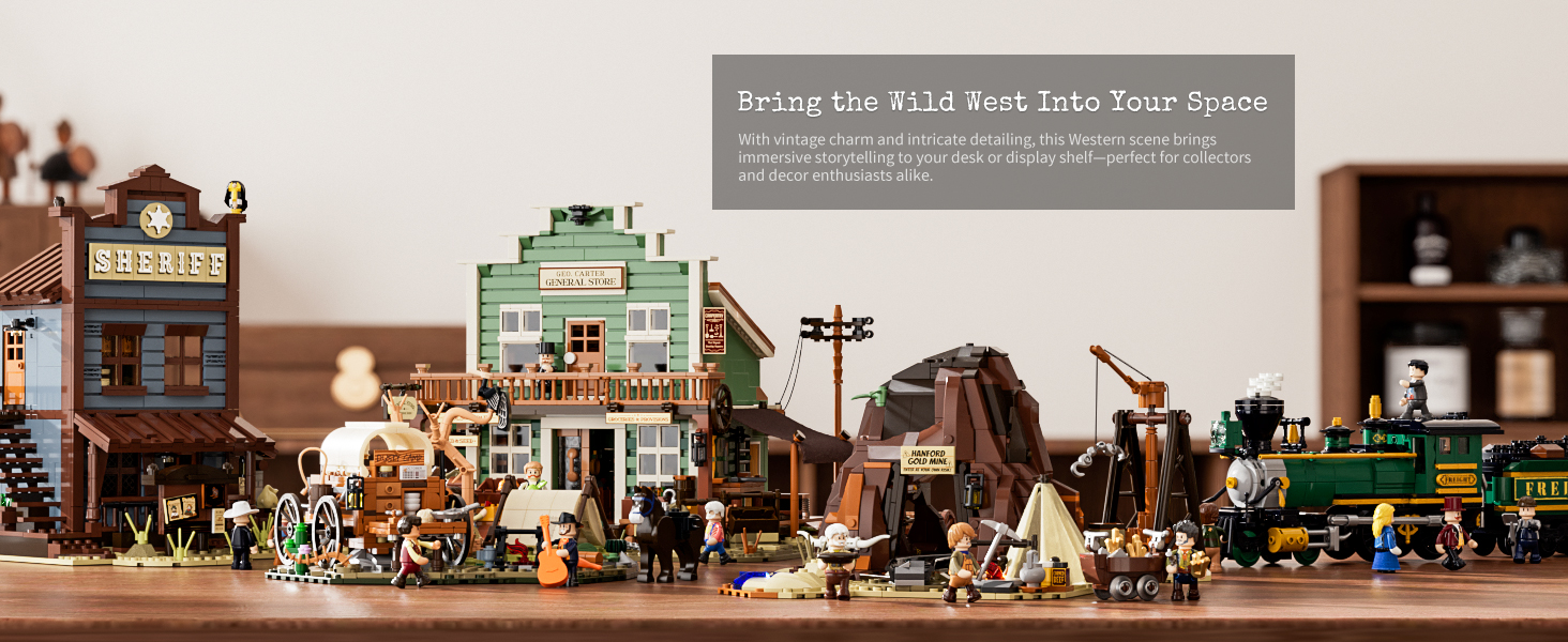 Detailliertes Miniaturdiorama der Wild-West-Stadt mit Gebäuden, Figuren und einem Zug. Enthält einen Salon, eine Bank und verschiedene Szenen aus dem alten Westen mit komplizierten Details