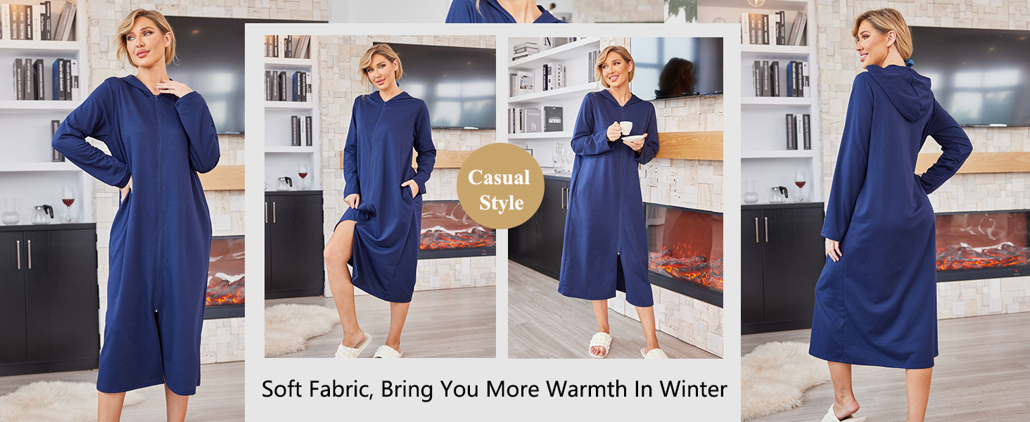 Ekouaer Robe for Women Zipper Robe Loungewear Full Length Sleepwear