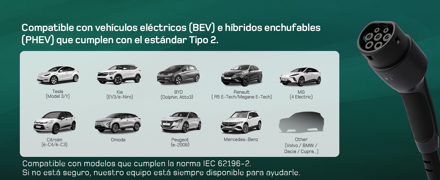 El texto dice «Compatible con vehiculos electronicos (BEV) e híbridos». Panel informativo verde que muestra siluetas de 10 modelos diferentes de vehículos con conector de carga.