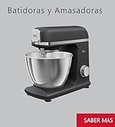 El texto dice «Batidoras y Amasadoras» y «SABER MAS». Batidora de pie negra con cubeta de acero inoxidable sobre fondo gris.