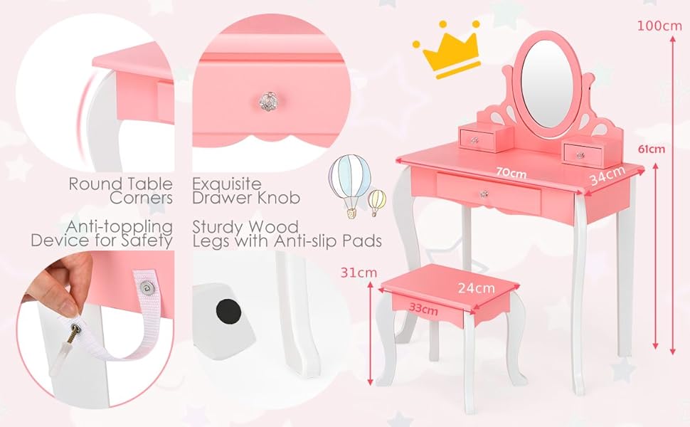 GYMAX Kids Dressing Table Set, Wooden Children Vanity Table with Stool