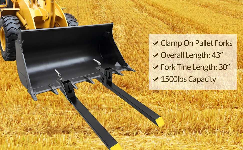 Pallet Forks 43" Clamp On Tractor Bucket Forks 1500 Lbs Max Heavy Duty Front Loader