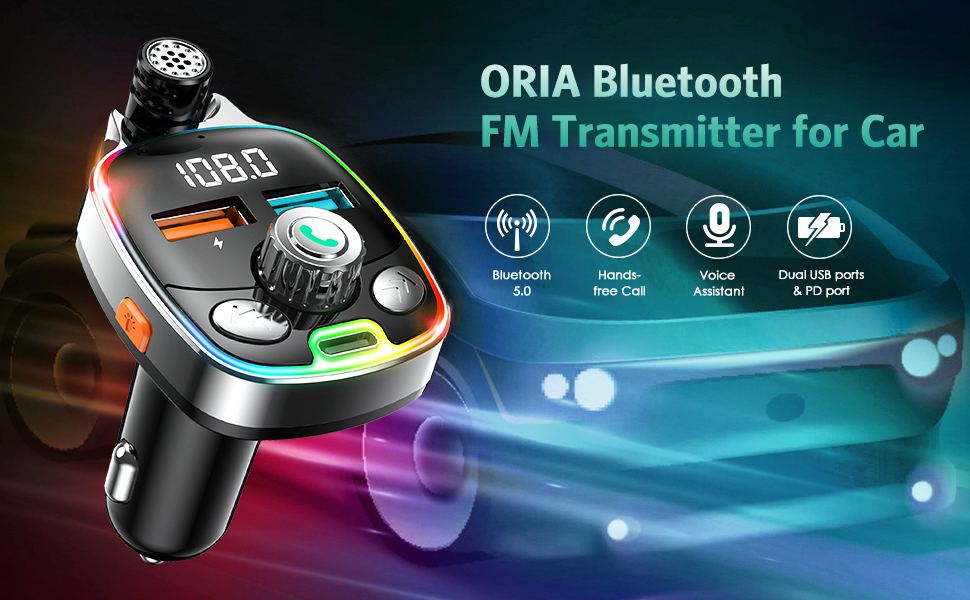 ORIA Bluetooth 5.0 FM Transmitter for Car, [NEW] 18W TypeC PD + Dual