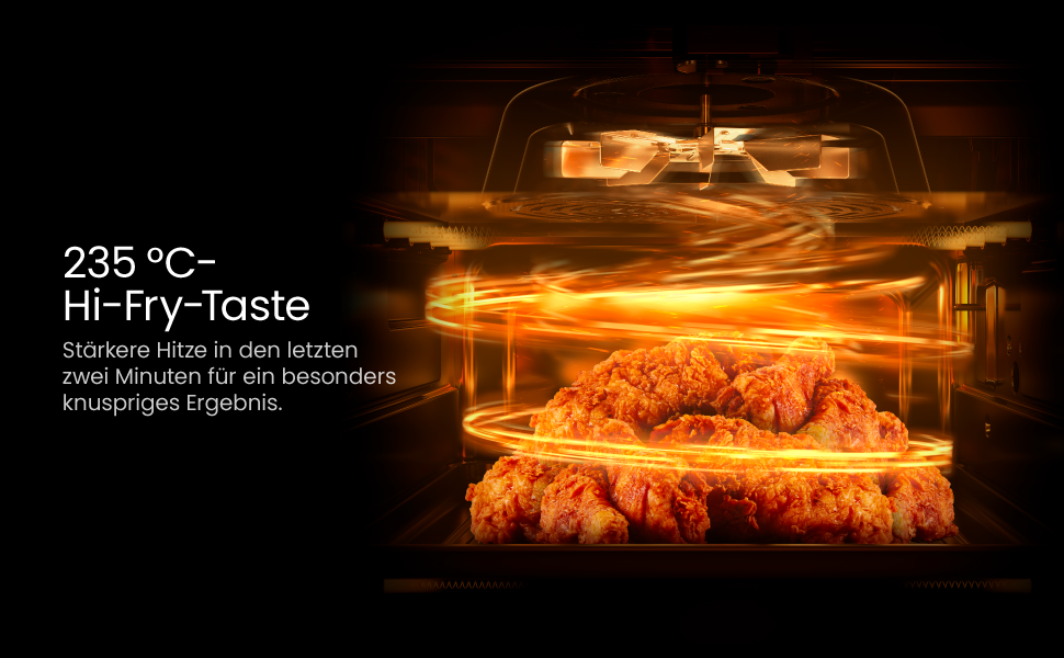 Ofeninterieur mit leuchtend orangefarbenem Licht zum Garen von panierten Lebensmitteln. Die Texteinblendung weist auf eine Hi-Fry-Taste-Funktion bei 235 °C