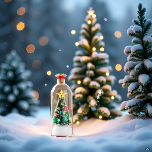 A cozy winter scene with a snow-covered cabin nestled in a pine forest, creating a warm and inviting