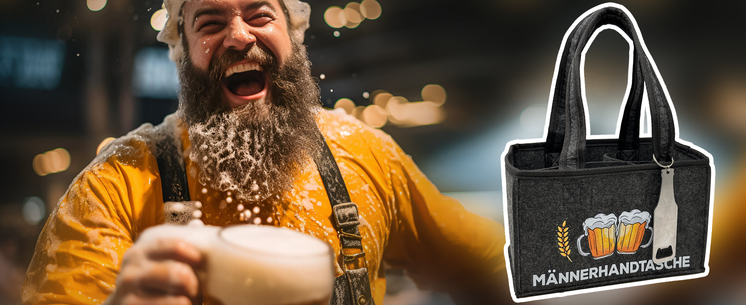 Schwarze Tragetasche mit der Aufschrift „MÄNNERHANDTASCHE“, abgebildet neben dem Bild eines bärtigen Mannes in gelber Jacke, der aus einer großen Tasse trinkt