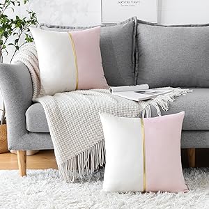 Artscope Pink White Velvet Cushion Covers with Gold Leather Patchwork Luxury Modern Minimalist Square Pillowcase Throw Pillow Covers for Living Room Bed Couch Sofa 45x45cm Set of 2 21 Set of 2 Cushion Cover for Luxury Modern Minimalist Gold Leather Stitching Wavy Stripes