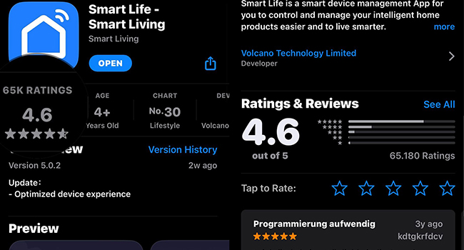 Screenshot of the Smart Life app store page with a 4.6-star rating, 65,000 reviews, and an app icon featuring a blue house silhouette. The description mentions smart device management for household products.