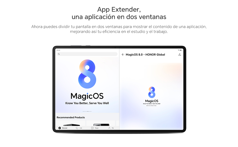 Pantalla de tableta que muestra una vista dividida de una aplicación llamada MagicOS. Muestra la funcionalidad «App Extender» con dos